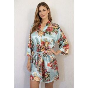 Vintage Event Blossom Short Flowered Satin Robe‎ Kimono Sleeves Women's Size S/M